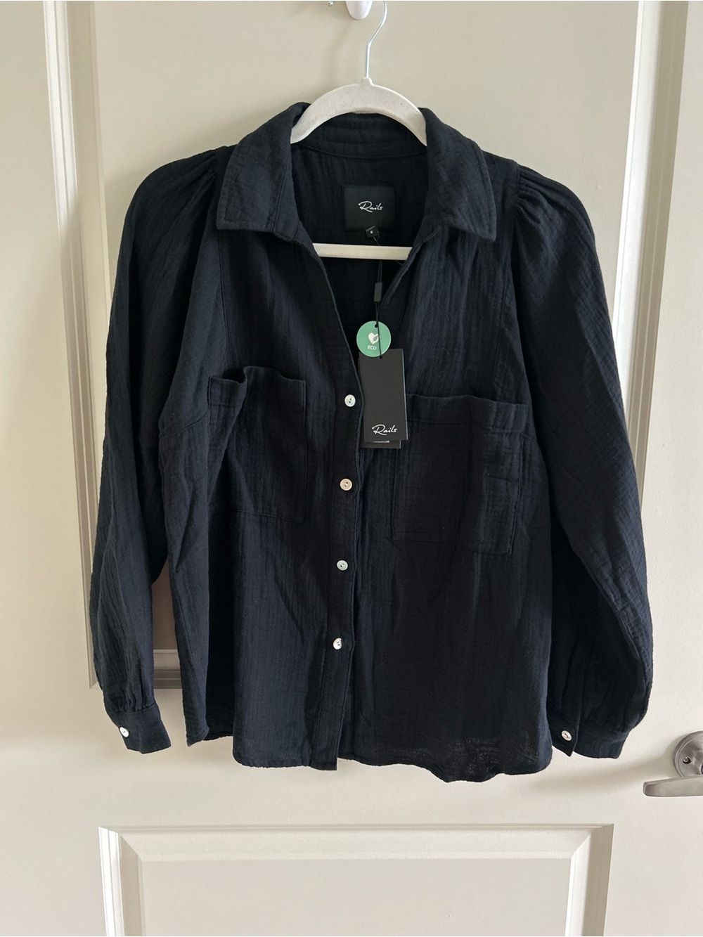 NWT RAILS Size Small Lauren Organic Cotton Black Long Sleeve Gauze Blouse Top